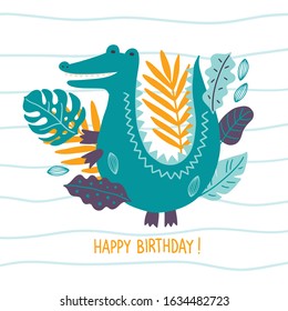 Greeting card with blue crocodile, monstera and palm leaves on wavy background. Scandinavian style. Perfect for childish print, apparel, nursery. Vector Illustration