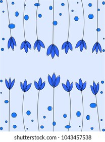 Greeting card with blue flowers. Blue flowers and circles on light blue background. Floral background. Vector illustration.