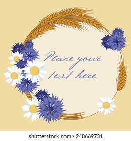 Greeting card with blue flowers and wreath of spike 