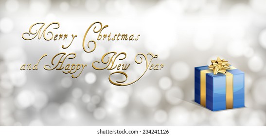 Greeting card with blue gift on the blurred winter background. Vector illustration.