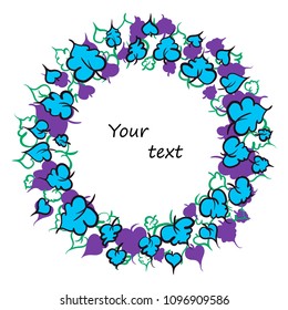 Greeting card with blue leaves. Vector in the form of a circle.