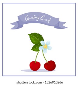 Greeting card with a blue ribbon and a pair of cherry berries. Vector illustration.