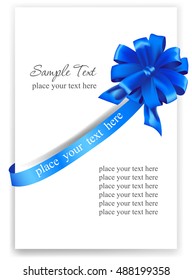 Greeting card with a blue ribbon. Vector image 