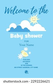 Greeting card, blue sky with clouds and sun, little chik with daisies, text.