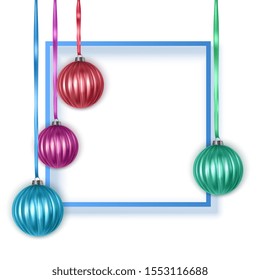 Greeting card with blue text frame and colorful christmas balls, postcard, New Year card, vector EPS 10 format