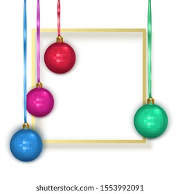 Greeting card with blue text frame and colorful christmas balls, postcard, New Year card, vector EPS 10 format