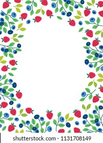 Greeting card with blueberry and wild strawberry on white background. Fruit frame with copy space. Perfect for summer invitation 