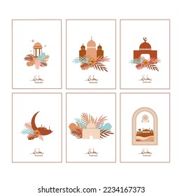 Greeting card boho element mosque, crescent, plants. Ramadan kareem illustration