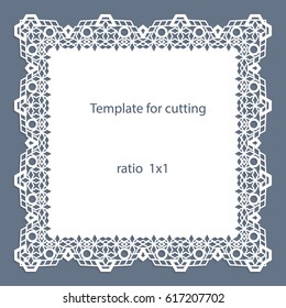 Greeting card with border, paper doily under the cake, template for cutting, decorative plate of square shape, vector illustrations.