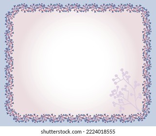Greeting card with border from watercolor drawings of red twigs and blue berries