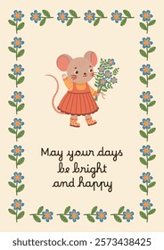 Greeting card with botanical elements and spring forest character - mouse in dress, rubber boots with bouquet of flowers. Poster with flowers and checkered background. Vector floral banner. 