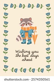 Greeting card with botanical elements and spring forest character - raccoon in coat, scarf, wellies with umbrella. Banner with flowers and animal. Vector floral poster. 