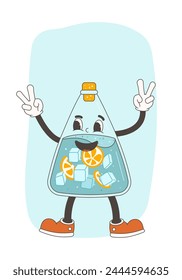 Tarjeta de felicitación de la botella de agua con hielo y naranja retro mascota de dibujos animados. Plantilla casera del póster del carácter de la animación de la manguera de goma del refresco hecha en casa. Anuncio plano de Vector.