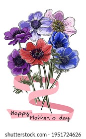 Greeting card with a bouquet of anemone flowers and a pink ribbon for mother's Day,imitation of watercolors
