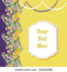 Greeting card, a bouquet of crocuses and snowdrops with space for your text. Vector illustration