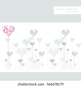 Greeting Card. Bouquet of flowers in a heart-shaped on a background with dots and place for text.