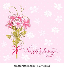 greeting card with bouquet of flowers on pink textured background, vector illustration