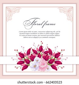 Greeting card with bouquet flowers for wedding, birthday and other holidays. Vector Floral square frame for text. 