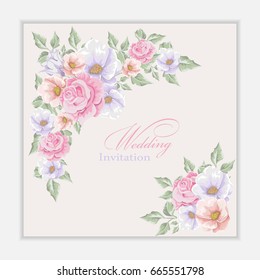 Greeting card with bouquet flowers for wedding, birthday and other holidays. Floral frame.