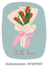 Greeting card with bouquet of flowers is wrapped in paper and pink ribbon and labeled with the words With Love.