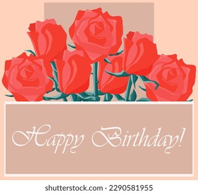 Greeting card. Bouquet of red roses on a salmon peach background with a text box. Vector illustration.