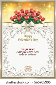Greeting card with a bouquet of roses in a frame with an ornament on Valentine's Day