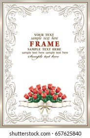 Greeting card with a bouquet of roses in a frame with an ornament. Vector illustration.