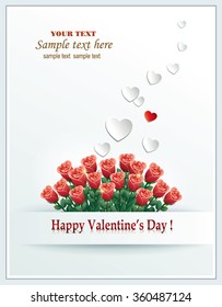 Greeting card with a bouquet of roses and hearts on Valentine's Day