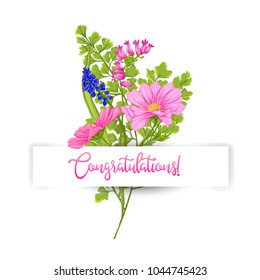 Greeting card with a bouquet of spring flowers and an inscription "I congratulate" under a paper tape. Vector illustration without gradients and transparency. Isolated on white background.