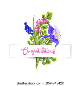 Greeting card with a bouquet of spring flowers and an inscription "I congratulate" under a paper tape. Vector illustration without gradients and transparency. Isolated on white background.