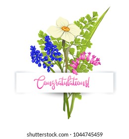 Greeting card with a bouquet of spring flowers and an inscription "I congratulate" under a paper tape. Vector illustration without gradients and transparency. Isolated on white background.