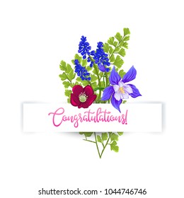 Greeting card with a bouquet of spring flowers and an inscription "I congratulate" under a paper tape. Vector illustration without gradients and transparency. Isolated on white background.