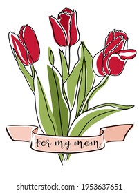 Greeting card with a bouquet of tulip flowers and a pink ribbon for mother's Day