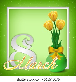 Greeting card with bouquet of yellow tulips in vase with bow in white frame on green sparkling background for International Women's or Mother's day in March 8. Vector illustration