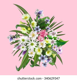 Greeting card. Bouquets of spring forest flowers for design of postcards, flyers, business cards, primroses, anemones.Vector