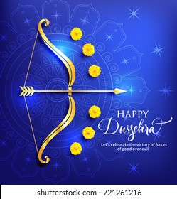 Greeting card with bow and arrow for Navratri festival with lettering Dussehra (Hindu holiday Vijayadashami). Vector illustration.