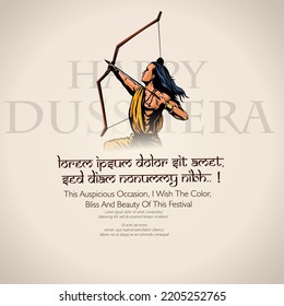 Greeting card with bow and illustration of Lord Rama killing Ravana in Navratri festival of India with hindi text meaning Dussehra (Hindu holiday Vijayadashami). Vector illustration.