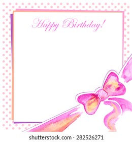 Greeting card with a bow pink  watercolor