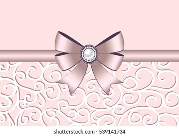 Greeting card with bow, ribbon and ornament. Invitation, greeting card or card template. Also suitable for Valentines Day. Vector illustration.