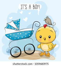 Greeting card its a boy with baby carriage and Chicken