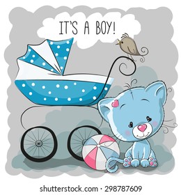 Greeting card it's a boy with baby carriage and cat 