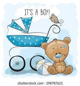 Greeting card it's a boy with baby carriage and Teddy Bear 