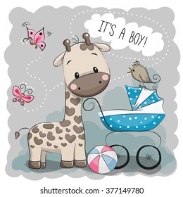 Greeting card it's a boy with baby carriage and Giraffe