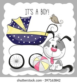Greeting card it's a boy with baby carriage and dog