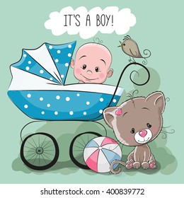 Greeting card it's a boy with baby carriage and cat