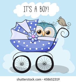 Greeting card it is a boy with baby carriage and cute owl