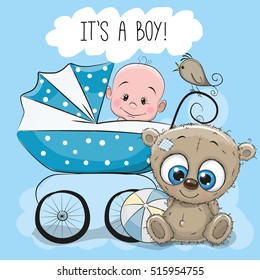 Greeting card its a boy with baby carriage and Teddy Bear
