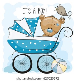 Greeting card its a boy with baby carriage and Teddy Bear