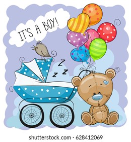 Greeting card its a boy with baby carriage and Teddy Bear