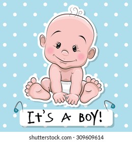 Greeting card it's a boy with baby on a blue dots background
